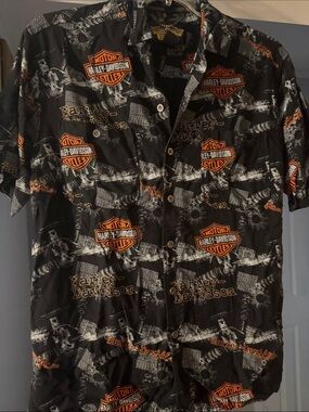 Harley-Davidson Men’s Black Short-Sleeve Button-Up with Orange Logos